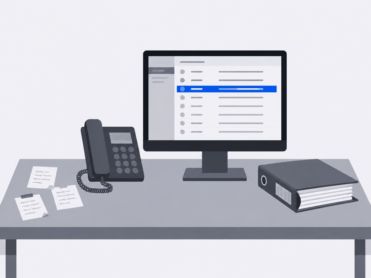 Ein Schreibtisch im Betriebsbüro: handschriftliche Notizzettel, ein Tischtelefon, ein Bildschirm mit offener E-Mail-Liste und ein Aktenordner, nebeneinander auf der Arbeitsfläche.