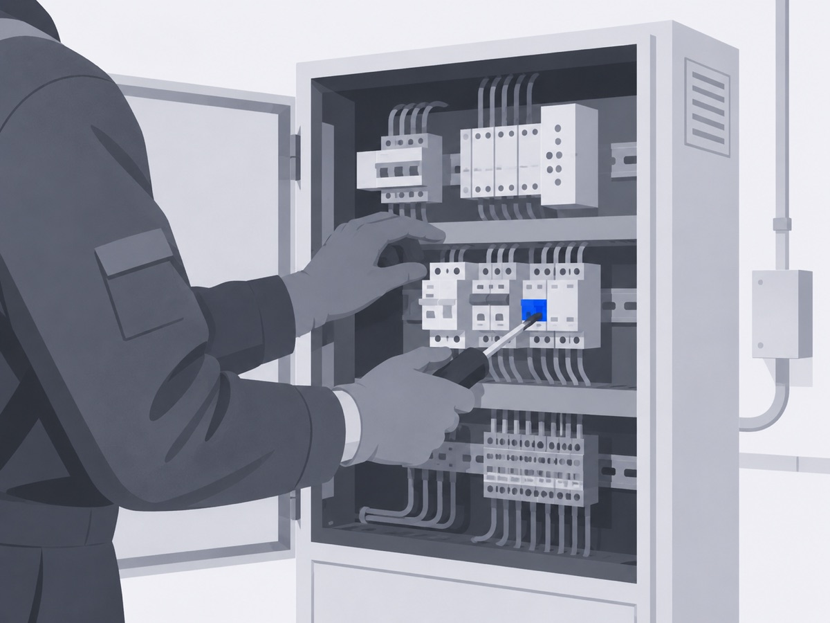 Ein Techniker in Arbeitskleidung arbeitet mit einem Schraubendreher an einem geöffneten Steuerschrank. Nahaufnahme auf Hände und Werkzeug, das Gesicht ist nicht im Bild.