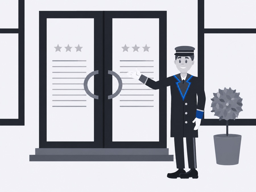 Ein Hotelpage in dunkler Uniform hält die Flügeltür eines Hotels auf und weist mit der Hand hinein.